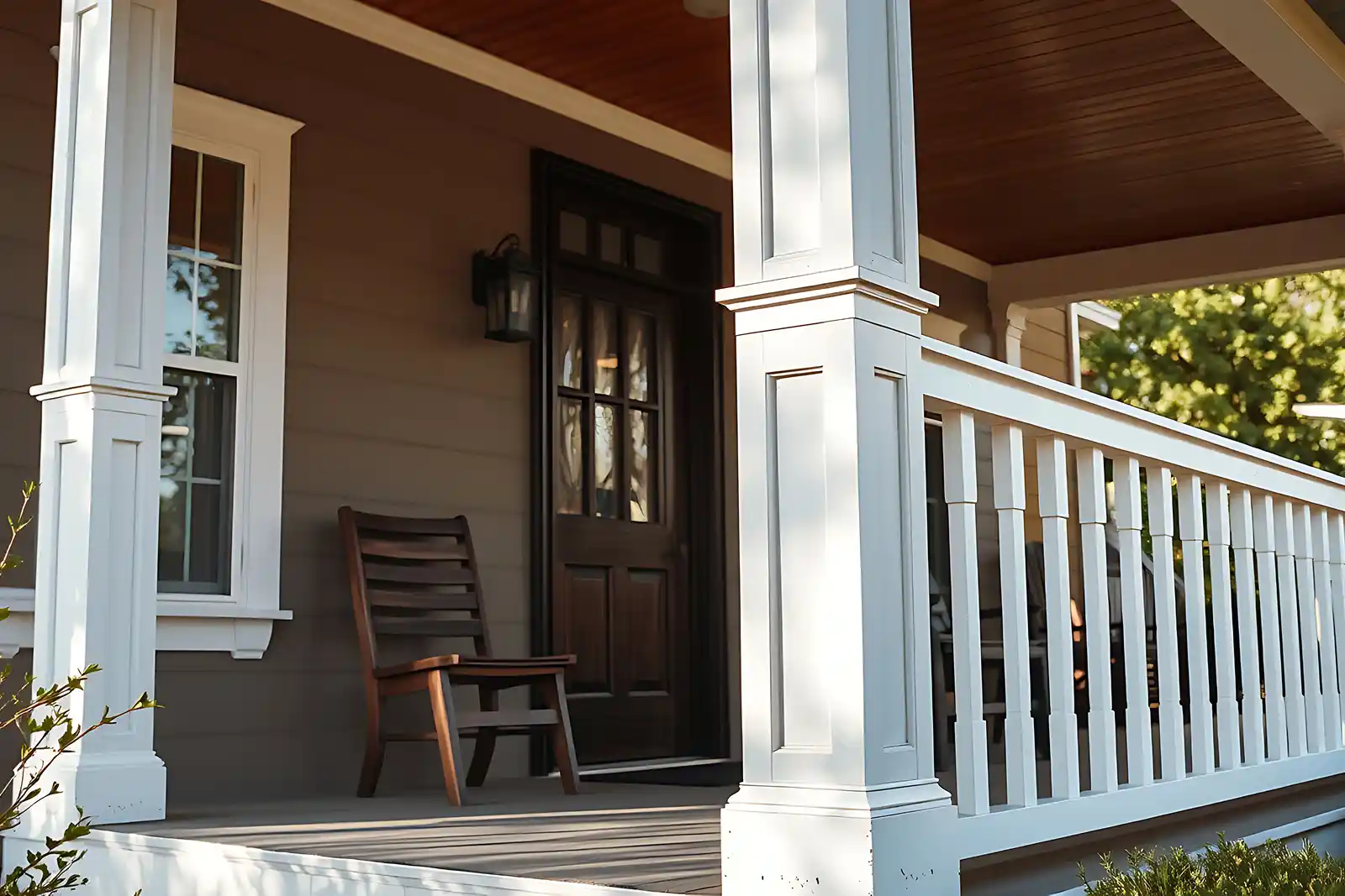A cozy wooden porch with a dark brown door, a slatted chair, white columns, and railings. Sunlit and welcoming, surrounded by green trees.